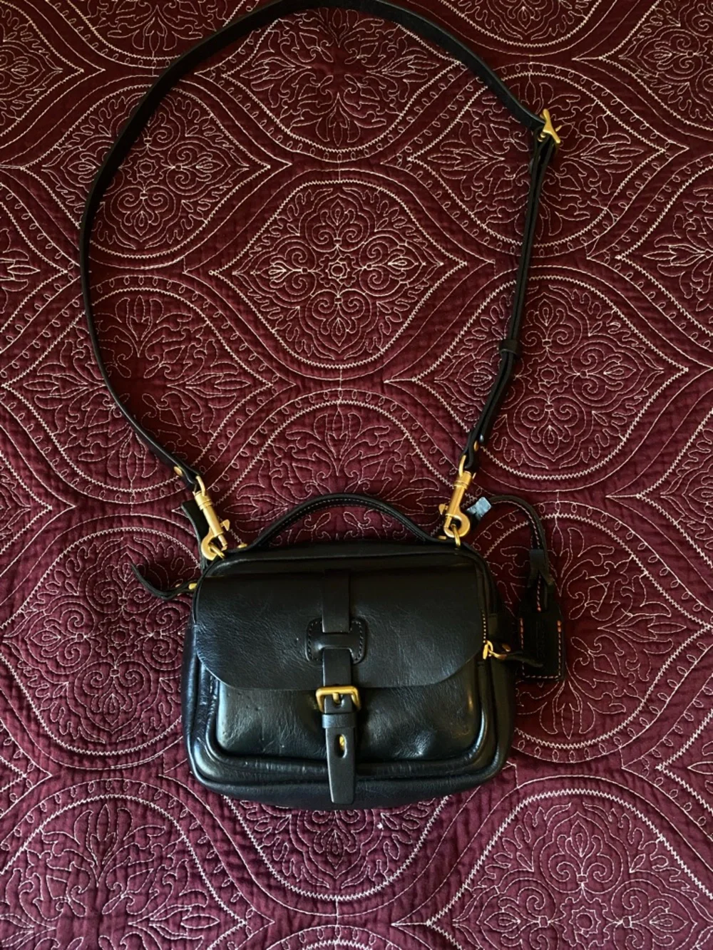 Black Leather Baby Bag with Gold Hardware